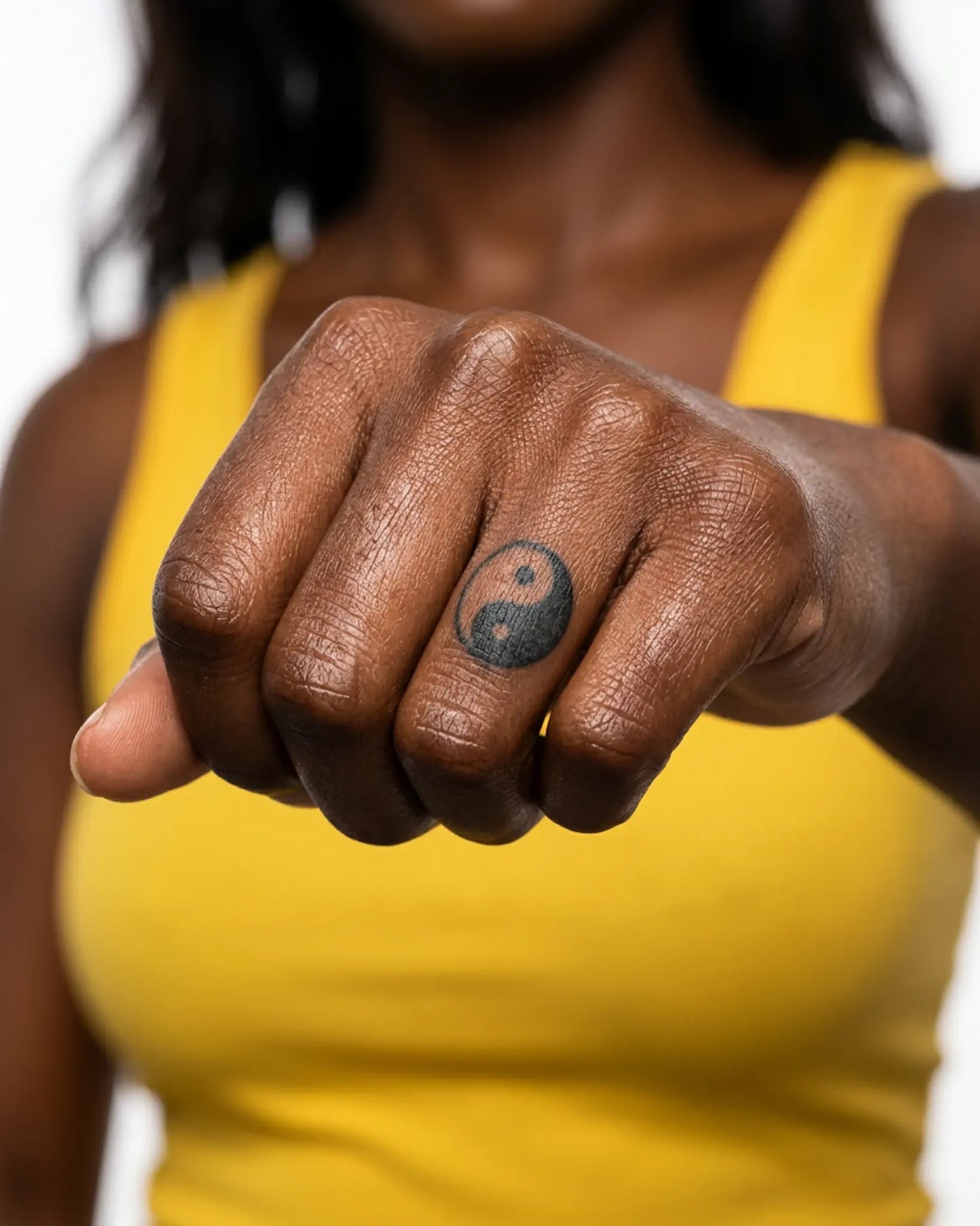INKY Yin Yang 2 semi-permanent tattoo applied on a woman – 0.5 x 0.5 in (1x1 cm) design, realistic ink look, lasts 10 days