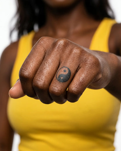 INKY Yin Yang 2 semi-permanent tattoo applied on a woman – 0.5 x 0.5 in (1x1 cm) design, realistic ink look, lasts 10 days