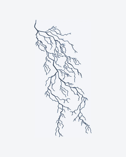 Branch Bolt semi-permanent tattoo design by INKY – Fine Line, Tree, Lightning, Bolt, Lines illustration, 2 x 4 in (6x10 cm), available at inkytatt.com