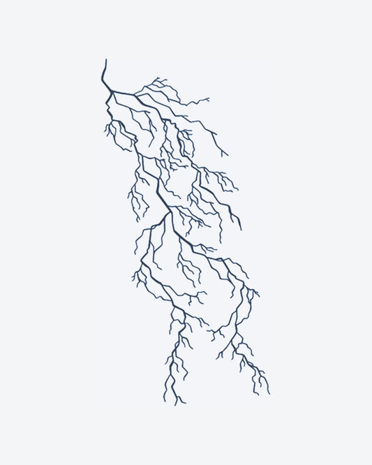 Branch Bolt semi-permanent tattoo design by INKY – Fine Line, Tree, Lightning, Bolt, Lines illustration, 2 x 4 in (6x10 cm), available at inkytatt.com