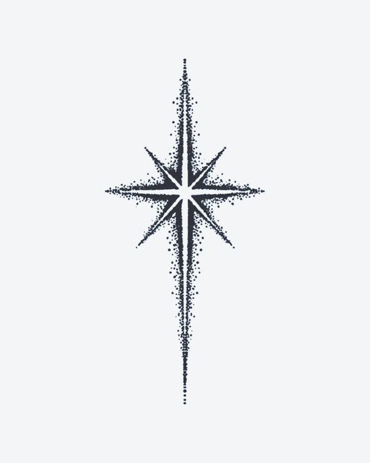 Starlight semi-permanent tattoo design by INKY – Star, Dots, Dotwork illustration, 2 x 4 in (6x10 cm), available at inkytatt.com