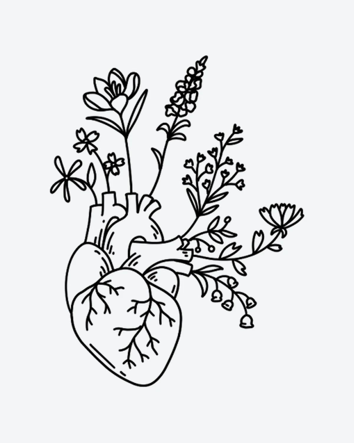 Floral Heart semi-permanent tattoo design by INKY – Anatomical Heart, Fine Line, Flower, Leaves, Bud illustration, 2 x 2 in (4x4 cm), available at inkytatt.com