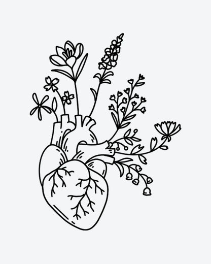 Floral Heart semi-permanent tattoo design by INKY – Anatomical Heart, Fine Line, Flower, Leaves, Bud illustration, 2 x 2 in (4x4 cm), available at inkytatt.com