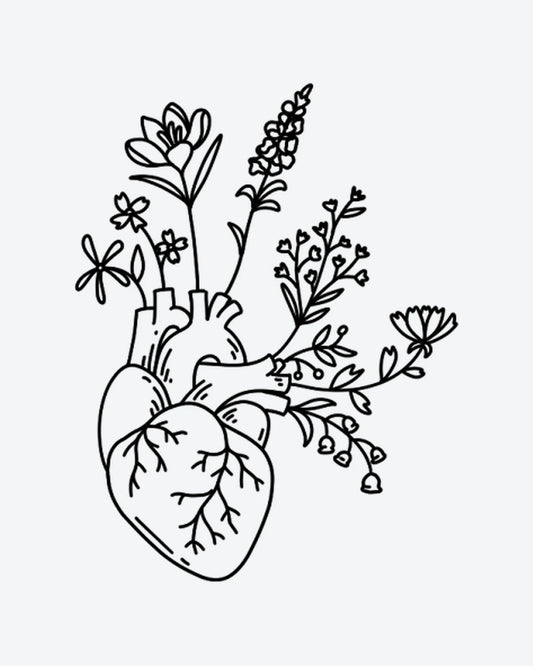 Floral Heart semi-permanent tattoo design by INKY – Anatomical Heart, Fine Line, Flower, Leaves, Bud illustration, 2 x 2 in (4x4 cm), available at inkytatt.com