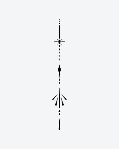 Sleek Emblem 2 semi-permanent tattoo design by INKY – Fine Line, Starburst, Compass, Diamond, Geometric illustration, 4 x 7 in (10x17 cm), available at inkytatt.com