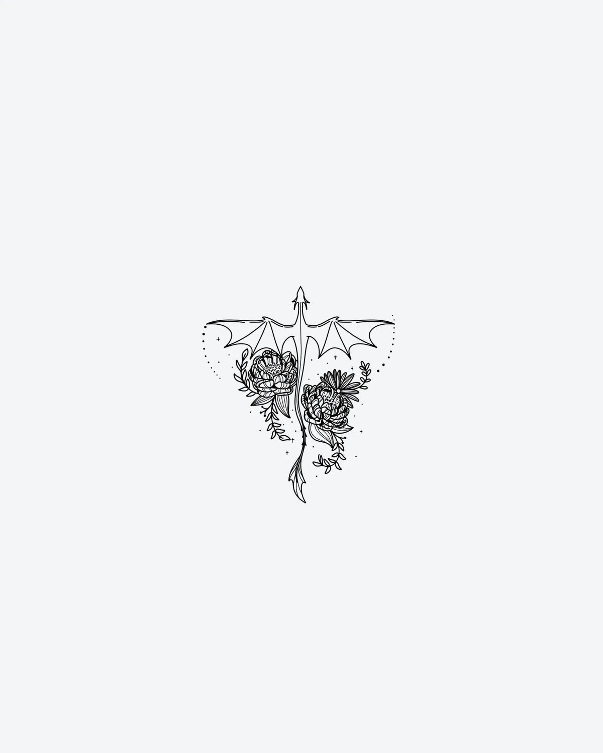 Draconic Bloo semi-permanent tattoo design by INKY – Fine Line, Dragon, Crosses, Wings, Dots illustration, 3 x 3 in (7x7 cm), available at inkytatt.com
