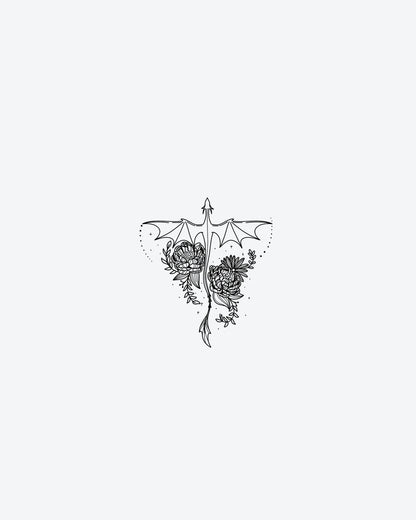 Draconic Bloo semi-permanent tattoo design by INKY – Fine Line, Dragon, Crosses, Wings, Dots illustration, 3 x 3 in (7x7 cm), available at inkytatt.com