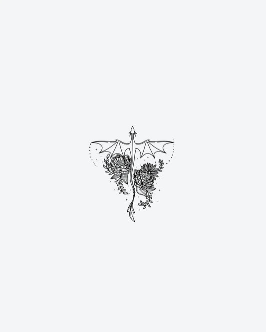 Draconic Bloo semi-permanent tattoo design by INKY – Fine Line, Dragon, Crosses, Wings, Dots illustration, 3 x 3 in (7x7 cm), available at inkytatt.com