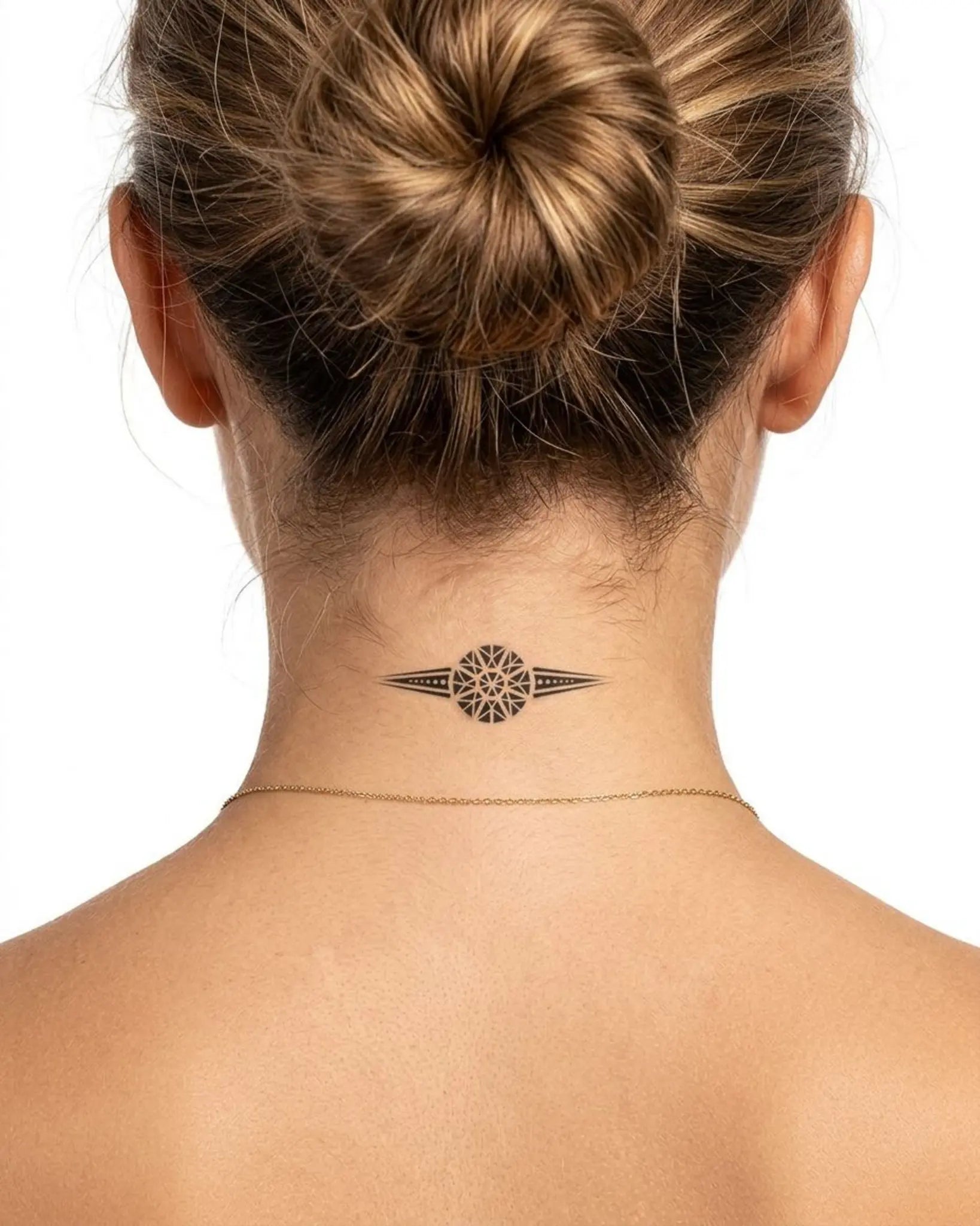 INKY Mandala Arrow semi-permanent tattoo applied on a woman – 2 x 2 in (4x4 cm) design, realistic ink look, lasts 10 days