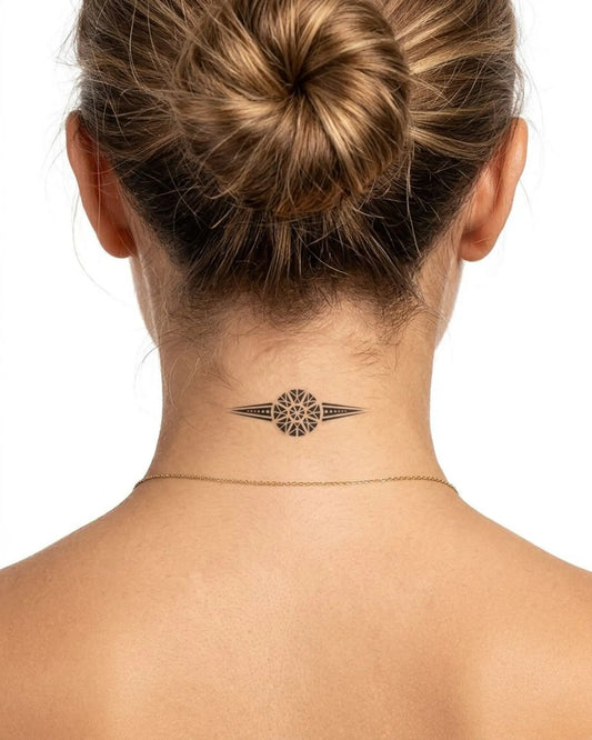 INKY Mandala Arrow semi-permanent tattoo applied on a woman – 2 x 2 in (4x4 cm) design, realistic ink look, lasts 10 days