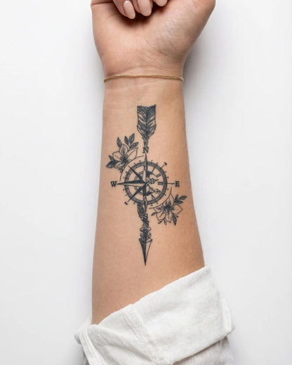 INKY Wanderlust 3 semi-permanent tattoo applied on a woman – 2 x 4 in (6x10 cm) design, realistic ink look, lasts 10 days