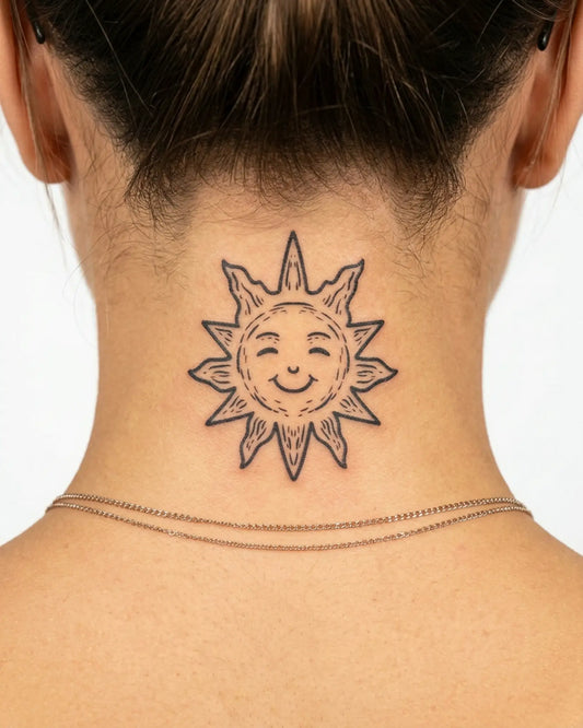 INKY Happy Sun 3 semi-permanent tattoo applied on a woman – 2 x 2 in (4x4 cm) design, realistic ink look, lasts 10 days