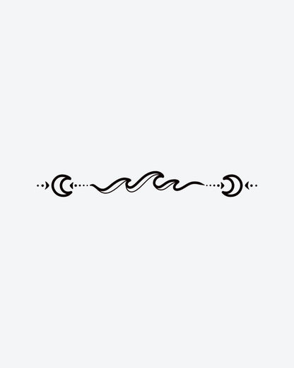 Moon Waves semi-permanent tattoo design by INKY – Crescent Moon, Ocean Wave, Line Art, Dotwork illustration, 2 x 4 in (6x10 cm), available at inkytatt.com