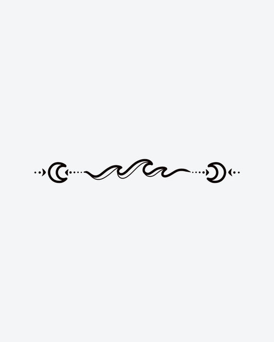Moon Waves semi-permanent tattoo design by INKY – Crescent Moon, Ocean Wave, Line Art, Dotwork illustration, 2 x 4 in (6x10 cm), available at inkytatt.com