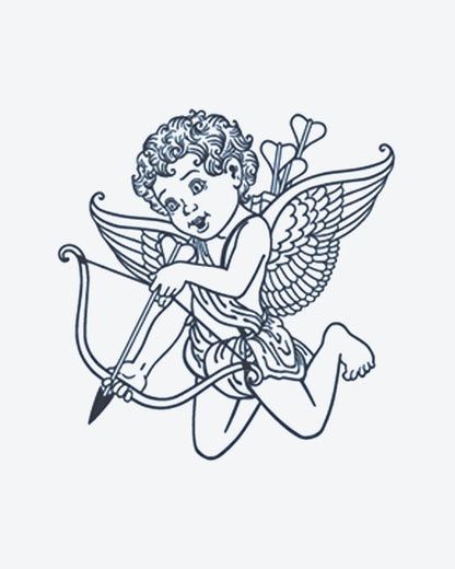 Cupid Angel semi-permanent tattoo design by INKY – Line Art, Fine Line, Heart, Arrow, Wings illustration, 3 x 3 in (7x7 cm), available at inkytatt.com
