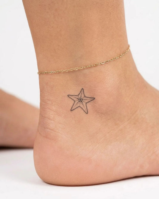 INKY Starfish semi-permanent tattoo applied on a woman – 0.5 x 0.5 in (1x1 cm) design, realistic ink look, lasts 10 days