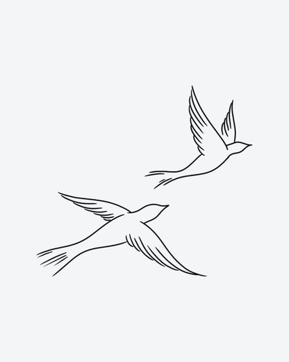 Flying Birds semi-permanent tattoo design by INKY – Fine Line, Bird, Feather, Wings illustration, 3 x 3 in (7x7 cm), available at inkytatt.com