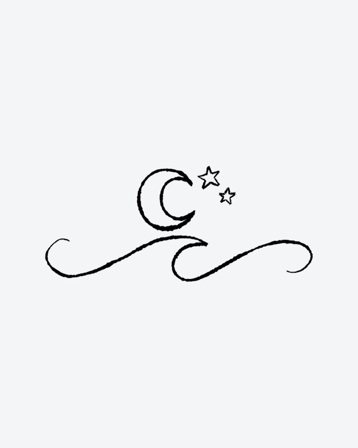 Moon Waves 2 semi-permanent tattoo design by INKY – Crescent Moon, Star, Lines, Hand, Ocean illustration, 2 x 2 in (4x4 cm), available at inkytatt.com