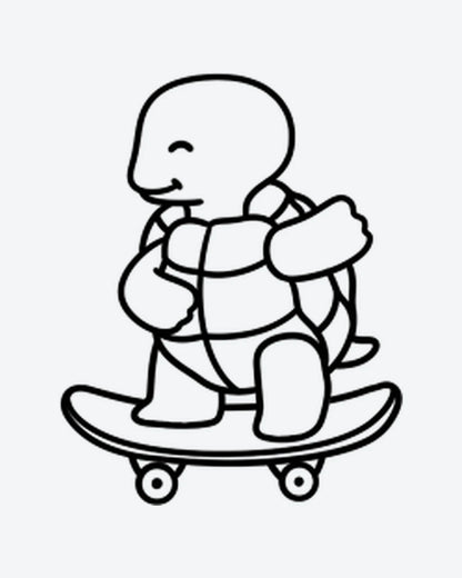 Skate Turtle semi-permanent tattoo design by INKY – Line Art, Turtle, Lines illustration, 2 x 2 in (4x4 cm), available at inkytatt.com