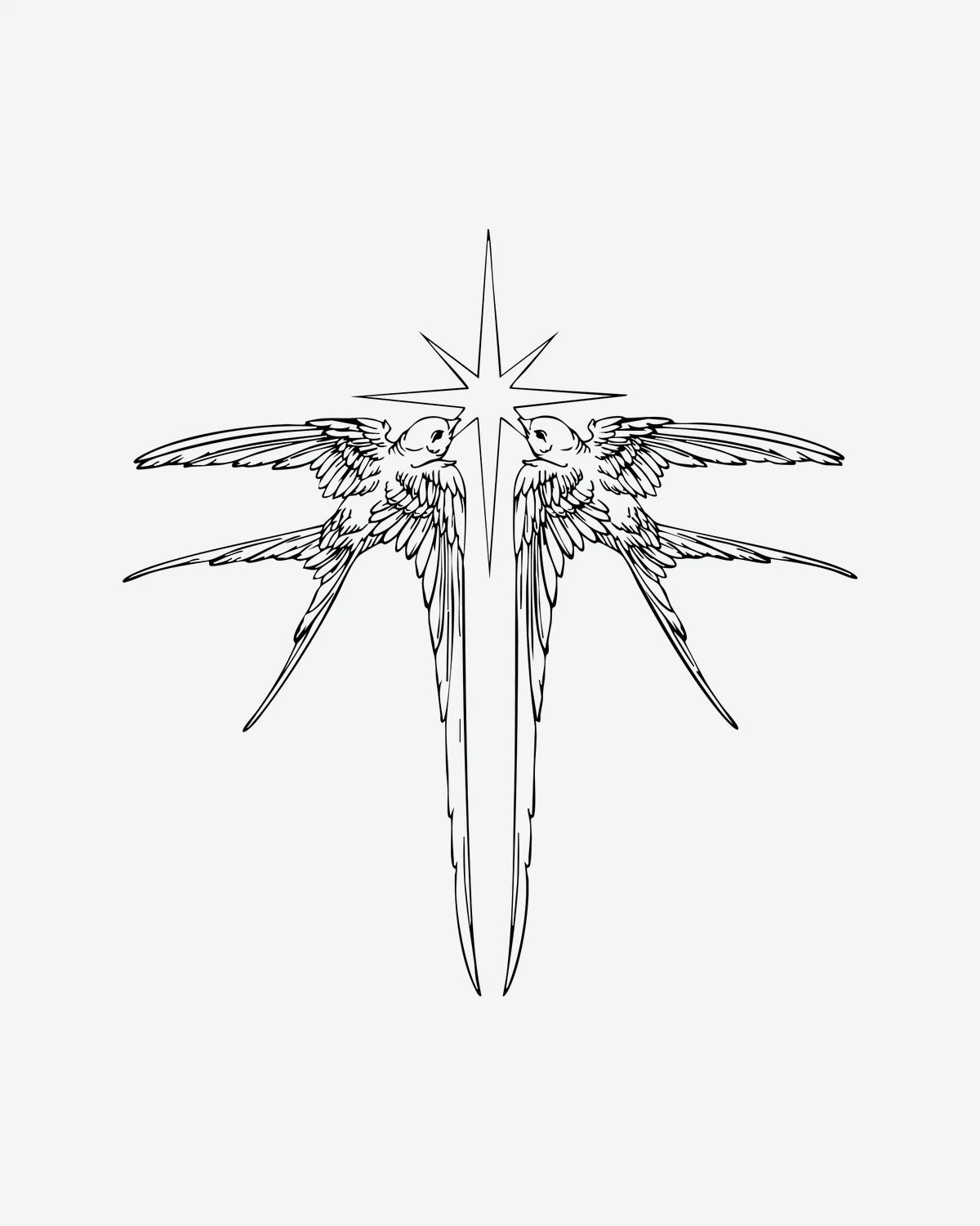 Star Swallows semi-permanent tattoo design by INKY – Fine Line, Bird, Star, Wings, Swallow illustration, 3 x 3 in (7x7 cm), available at inkytatt.com