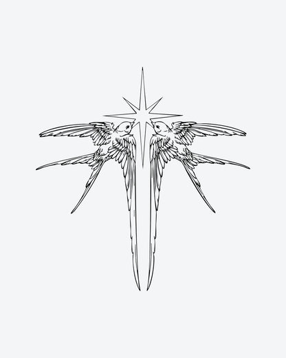 Star Swallows semi-permanent tattoo design by INKY – Fine Line, Bird, Star, Wings, Swallow illustration, 3 x 3 in (7x7 cm), available at inkytatt.com