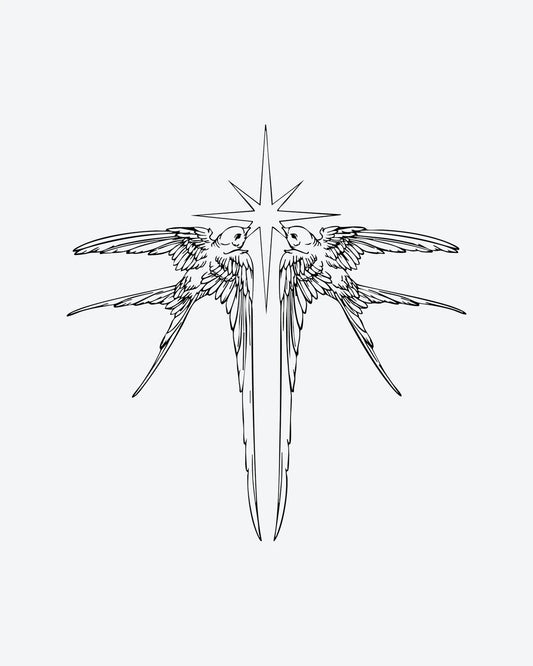 Star Swallows semi-permanent tattoo design by INKY – Fine Line, Bird, Star, Wings, Swallow illustration, 3 x 3 in (7x7 cm), available at inkytatt.com