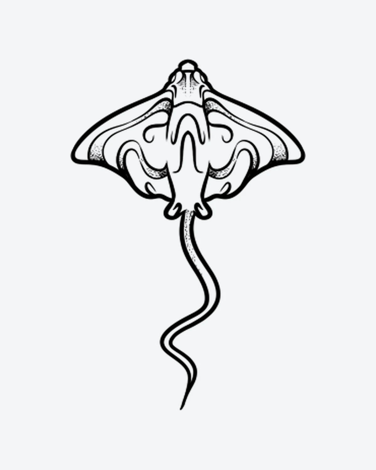 Stingray semi-permanent tattoo design by INKY – Dotwork, Ocean illustration, 2 x 4 in (6x10 cm), available at inkytatt.com
