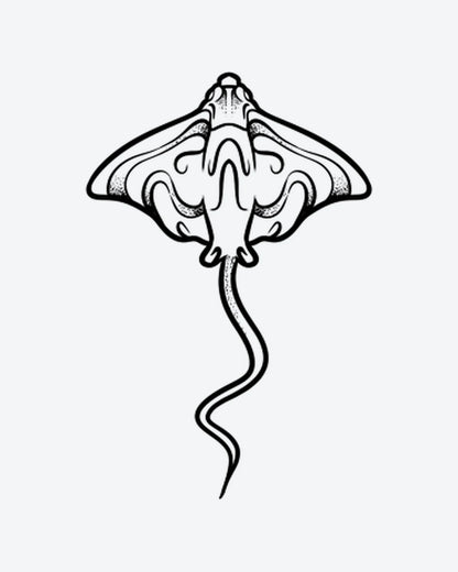 Stingray semi-permanent tattoo design by INKY – Dotwork, Ocean illustration, 2 x 4 in (6x10 cm), available at inkytatt.com