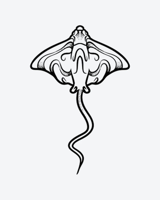 Stingray semi-permanent tattoo design by INKY – Dotwork, Ocean illustration, 2 x 4 in (6x10 cm), available at inkytatt.com
