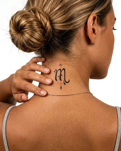 INKY Virgo semi-permanent tattoo applied on a woman – 2 x 2 in (4x4 cm) design, realistic ink look, lasts 10 days