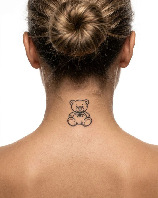 INKY Cute Bear semi-permanent tattoo applied on a woman – 2 x 2 in (4x4 cm) design, realistic ink look, lasts 10 days
