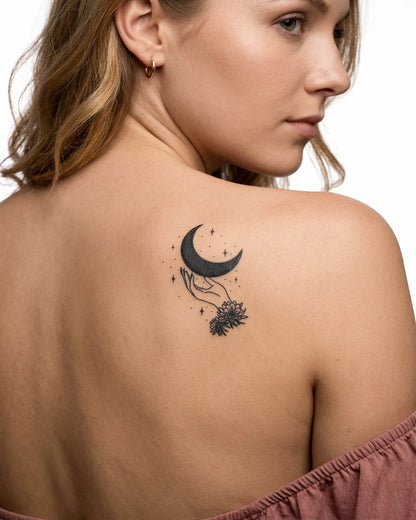 INKY Lunar Hand semi-permanent tattoo applied on a woman – 2 x 4 in (6x10 cm) design, realistic ink look, lasts 10 days