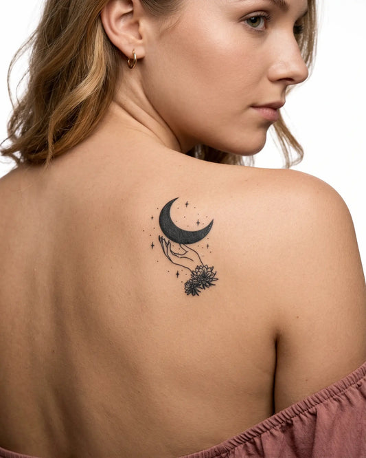 INKY Lunar Hand semi-permanent tattoo applied on a woman – 2 x 4 in (6x10 cm) design, realistic ink look, lasts 10 days