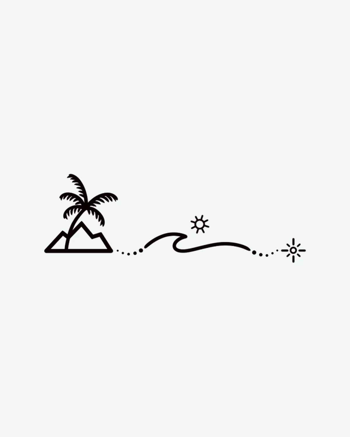 Wanderlust semi-permanent tattoo design by INKY – Ocean Wave, Palm Tree, Fine Line, Mountain, Sun illustration, 2 x 2 in (4x4 cm), available at inkytatt.com