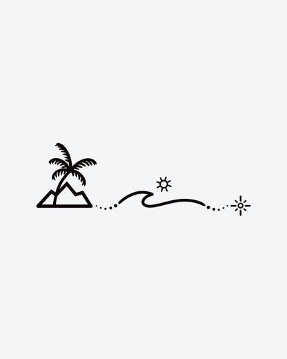 Wanderlust semi-permanent tattoo design by INKY – Ocean Wave, Palm Tree, Fine Line, Mountain, Sun illustration, 2 x 2 in (4x4 cm), available at inkytatt.com