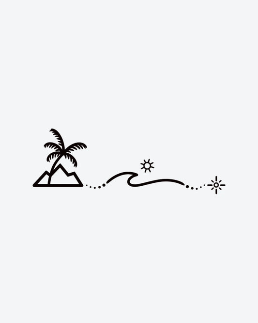 Wanderlust semi-permanent tattoo design by INKY – Ocean Wave, Palm Tree, Fine Line, Mountain, Sun illustration, 2 x 2 in (4x4 cm), available at inkytatt.com