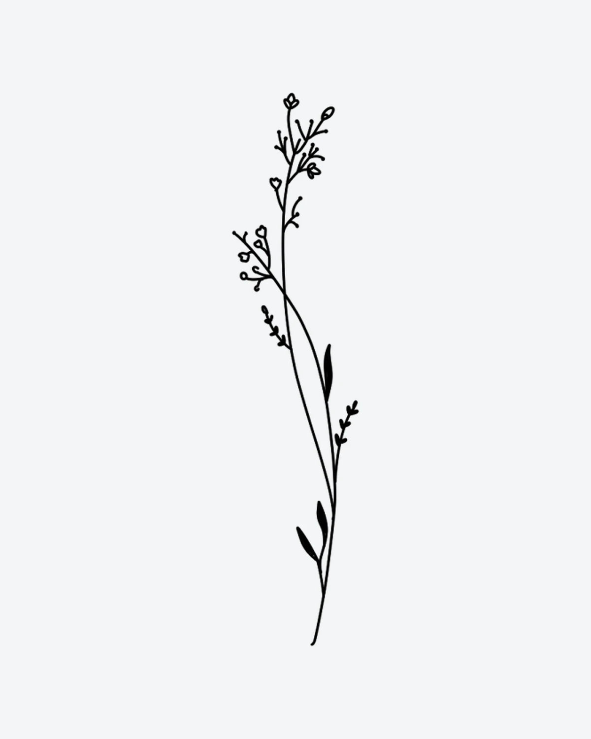 Meadow Stem semi-permanent tattoo design by INKY – Fine Line, Flower, Leaves, Bud, Stem illustration, 2 x 4 in (6x10 cm), available at inkytatt.com