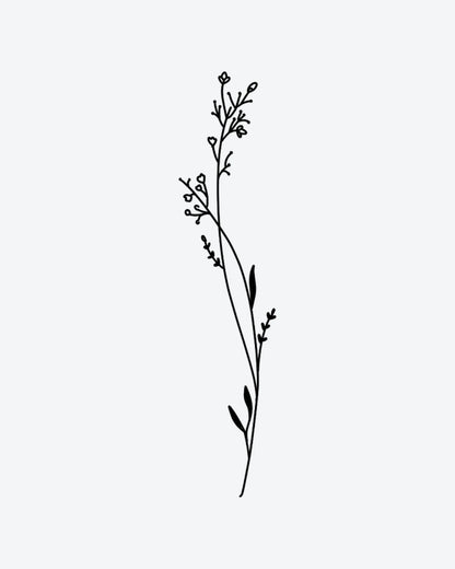 Meadow Stem semi-permanent tattoo design by INKY – Fine Line, Flower, Leaves, Bud, Stem illustration, 2 x 4 in (6x10 cm), available at inkytatt.com