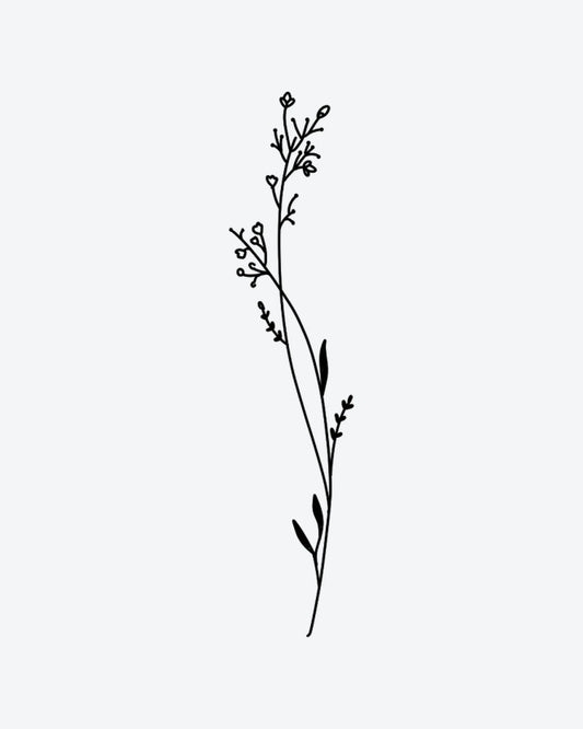 Meadow Stem semi-permanent tattoo design by INKY – Fine Line, Flower, Leaves, Bud, Stem illustration, 2 x 4 in (6x10 cm), available at inkytatt.com