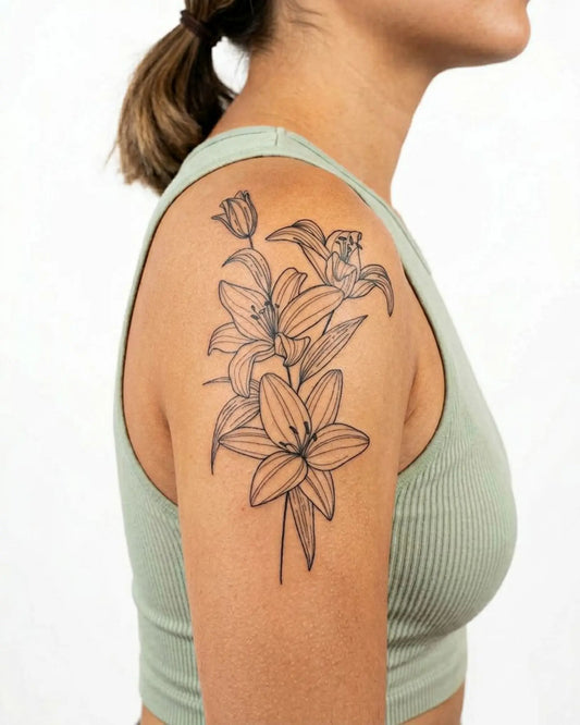 INKY Lily Bloom 2 semi-permanent tattoo applied on a woman – 4 x 7 in (10x17 cm) design, realistic ink look, lasts 10 days
