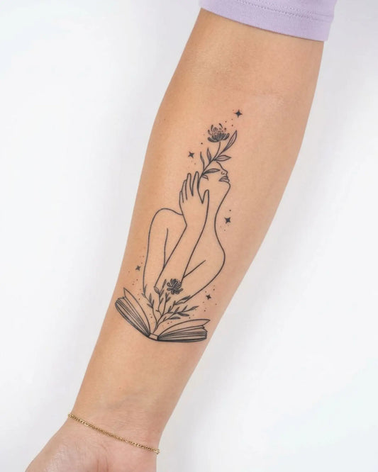 INKY Inner Bloom 3 semi-permanent tattoo applied on a woman – 2 x 4 in (6x10 cm) design, realistic ink look, lasts 10 days