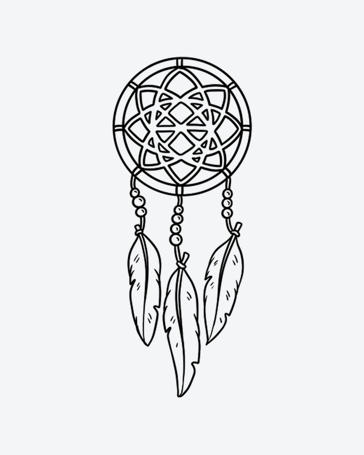 Dream Catcher semi-permanent tattoo design by INKY – Fine Line, Flower, Feather, Dreamcatcher, Geometric illustration, 2 x 4 in (6x10 cm), available at inkytatt.com