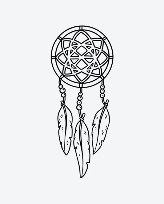 Dream Catcher semi-permanent tattoo design by INKY – Fine Line, Flower, Feather, Dreamcatcher, Geometric illustration, 2 x 4 in (6x10 cm), available at inkytatt.com