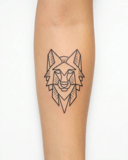 INKY Geo Wolf semi-permanent tattoo applied on a woman – 3 x 3 in (7x7 cm) design, realistic ink look, lasts 10 days