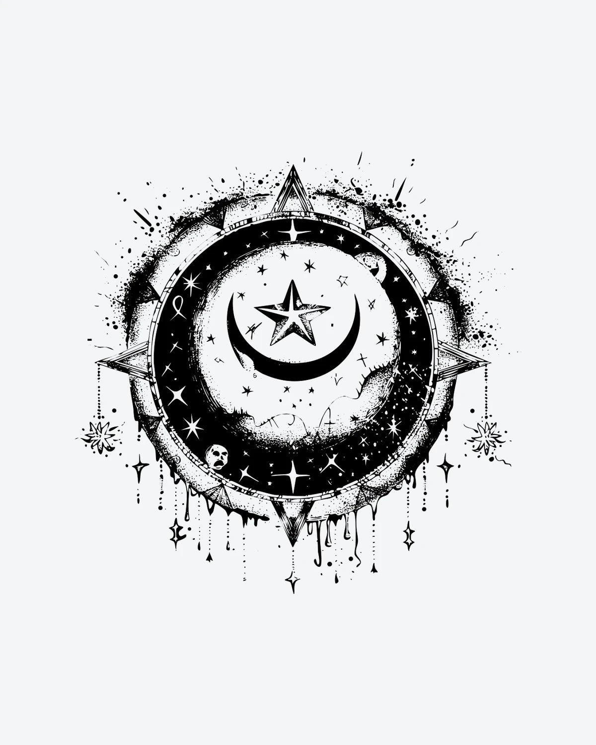 Celestial Arc semi-permanent tattoo design by INKY – Crescent Moon, Star, Compass, Geometric, Dotwork illustration, 3 x 3 in (7x7 cm), available at inkytatt.com