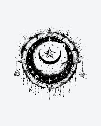 Celestial Arc semi-permanent tattoo design by INKY – Crescent Moon, Star, Compass, Geometric, Dotwork illustration, 3 x 3 in (7x7 cm), available at inkytatt.com