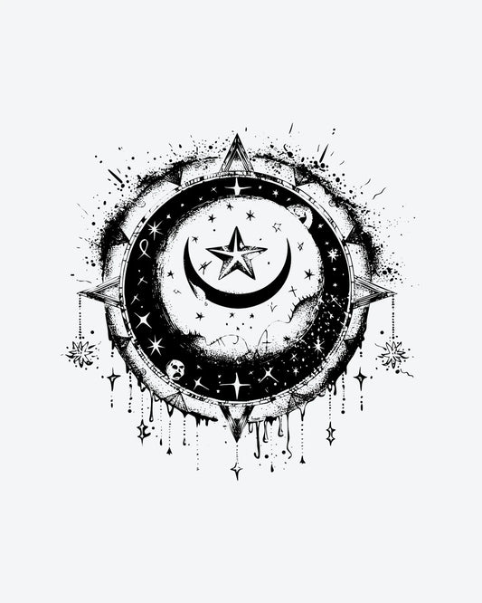 Celestial Arc semi-permanent tattoo design by INKY – Crescent Moon, Star, Compass, Geometric, Dotwork illustration, 3 x 3 in (7x7 cm), available at inkytatt.com