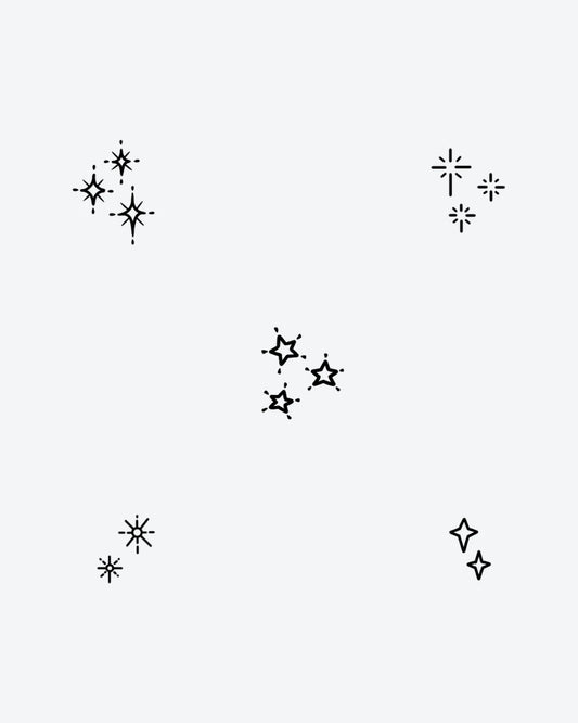 Twinkles semi-permanent tattoo design by INKY – Fine Line, Star, Starburst, Cross, Geometric illustration, 3 x 3 in (7x7 cm), available at inkytatt.com