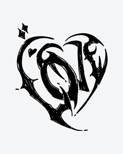 Gothic Love semi-permanent tattoo design by INKY – Heart, Diamond, Hand illustration, 3 x 3 in (7x7 cm), available at inkytatt.com