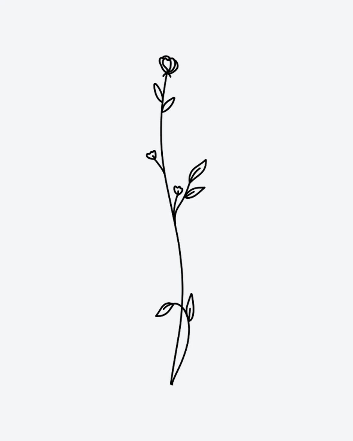 Floral Stem semi-permanent tattoo design by INKY – Fine Line, Flower, Leaves, Bud, Stem illustration, 2 x 4 in (6x10 cm), available at inkytatt.com